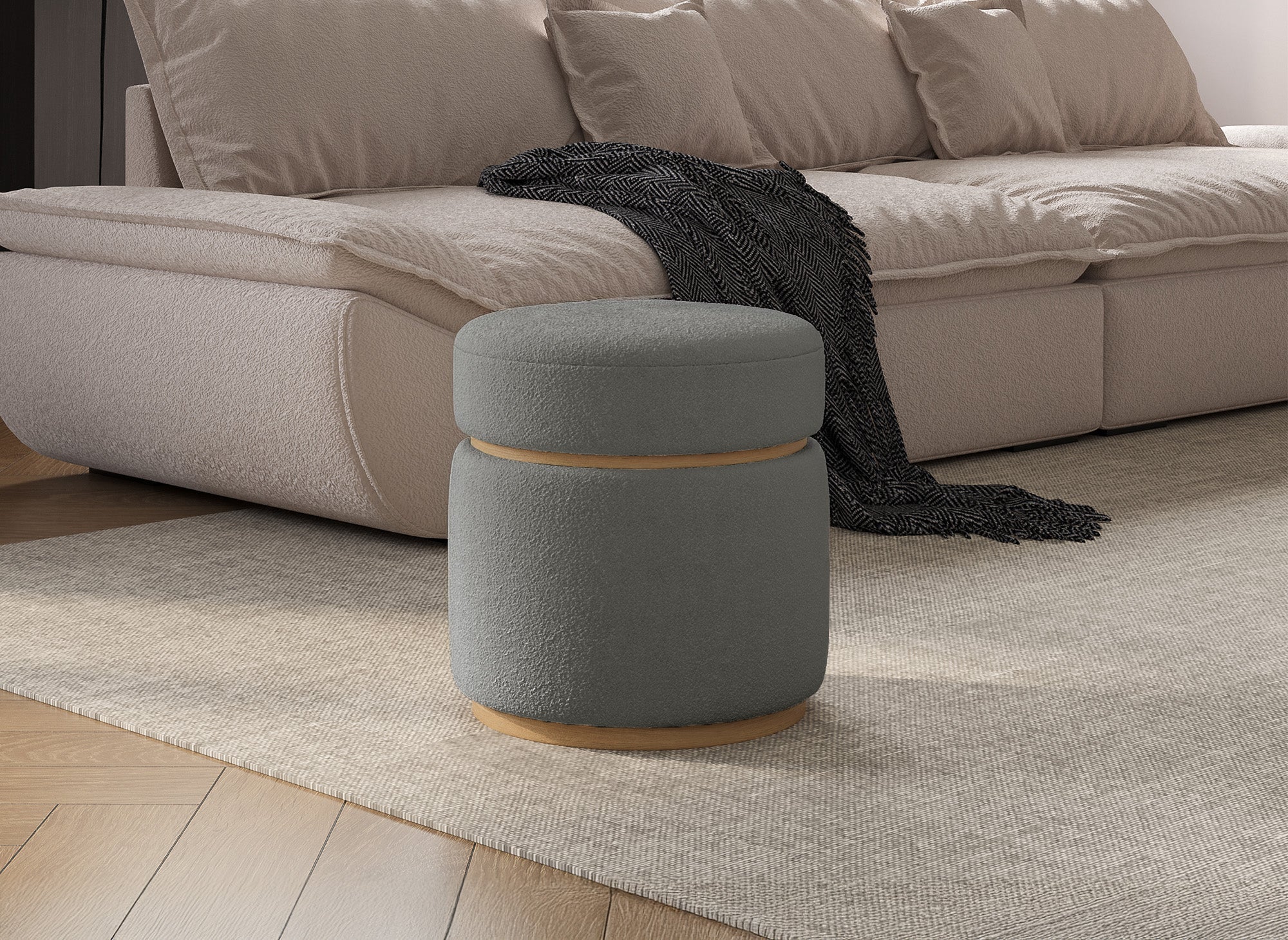 DIVA designer pouf in grey sheepskin-effect fabric and light wood ...