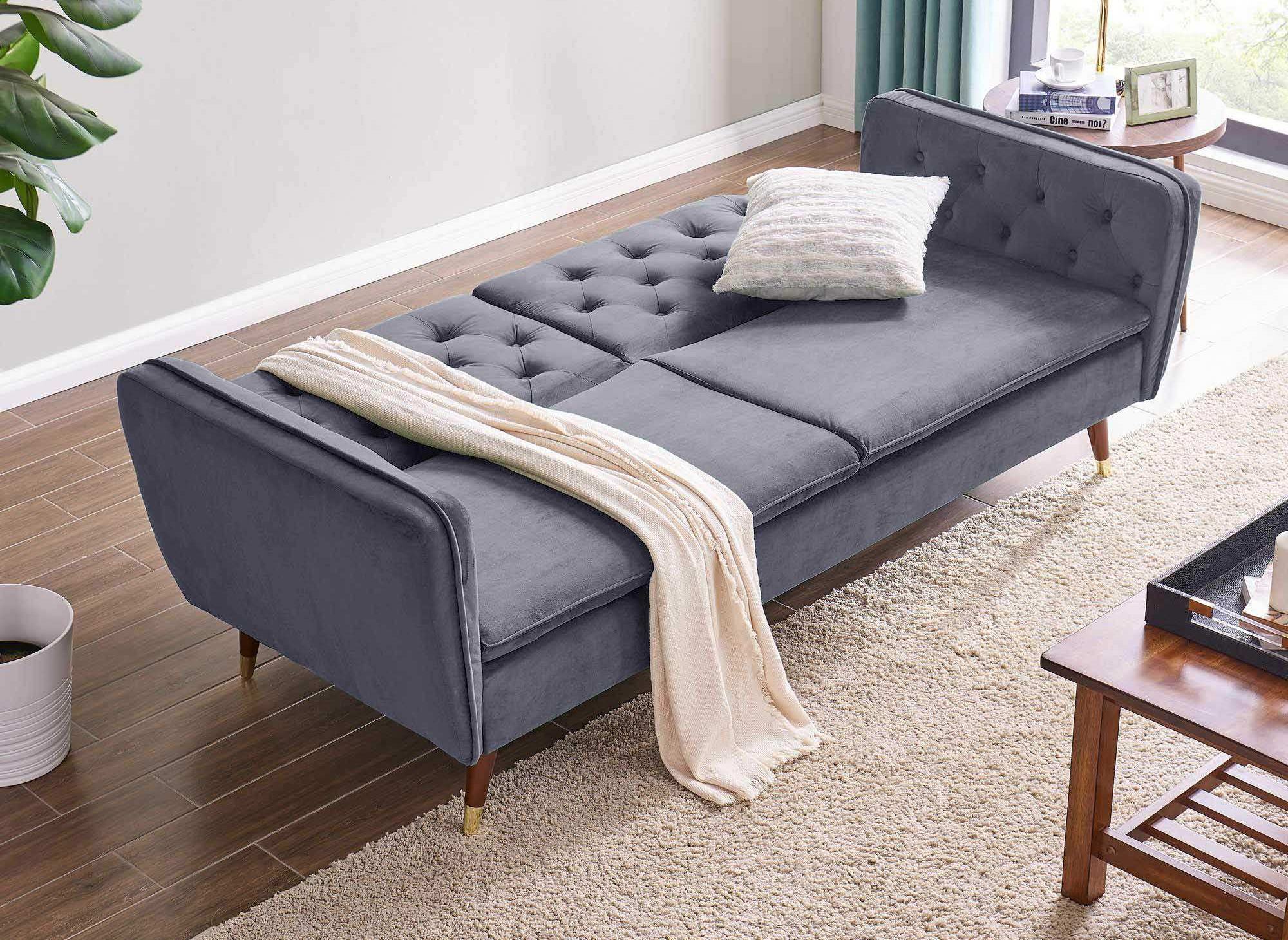 Canapé clic-clac convertible 3 places en tissu velours gris ARIANE