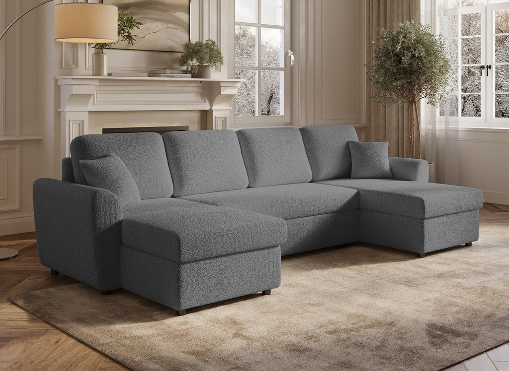 Canapé panoramique convertible 2 coffres de rangement en tissu bouclette gris ADRYEN