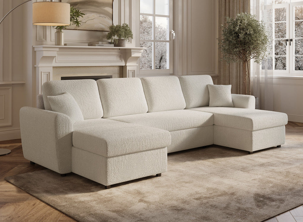 Canapé panoramique convertible 2 coffres de rangement en tissu bouclette beige ADRYEN