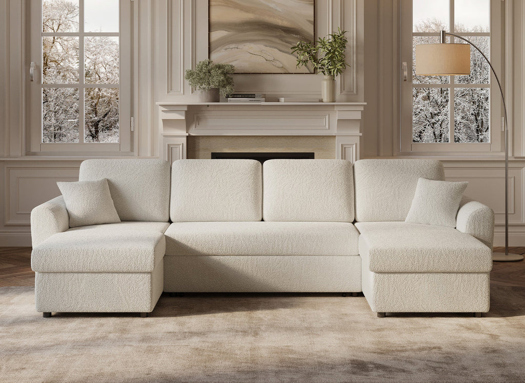 Canapé panoramique convertible 2 coffres de rangement en tissu bouclette beige ADRYEN