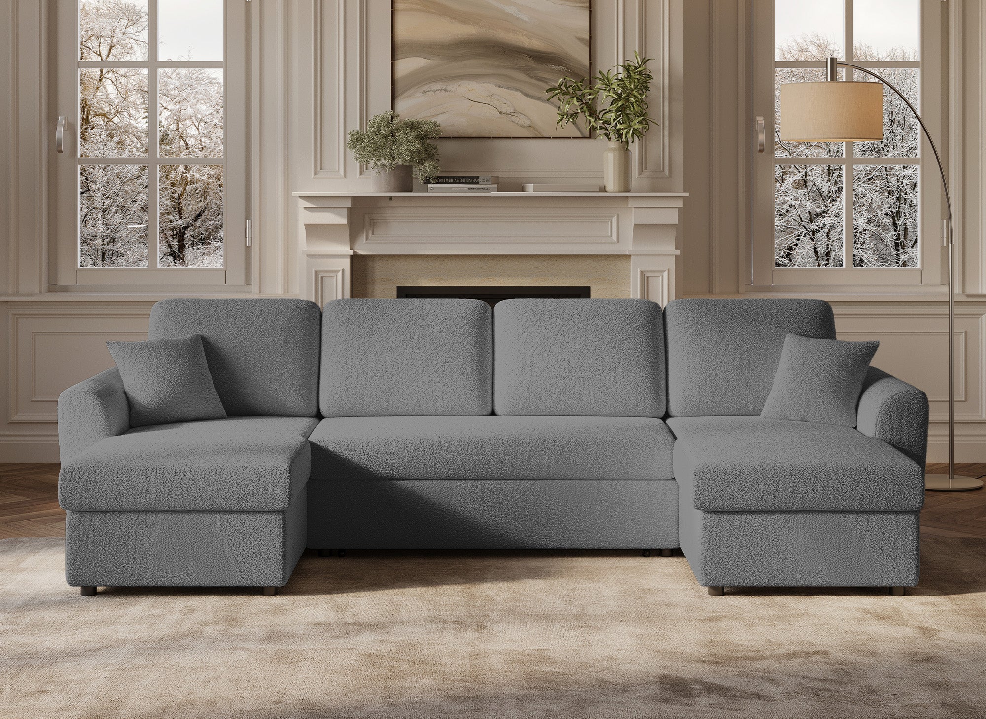 Canapé panoramique convertible 2 coffres de rangement en tissu bouclette gris ADRYEN