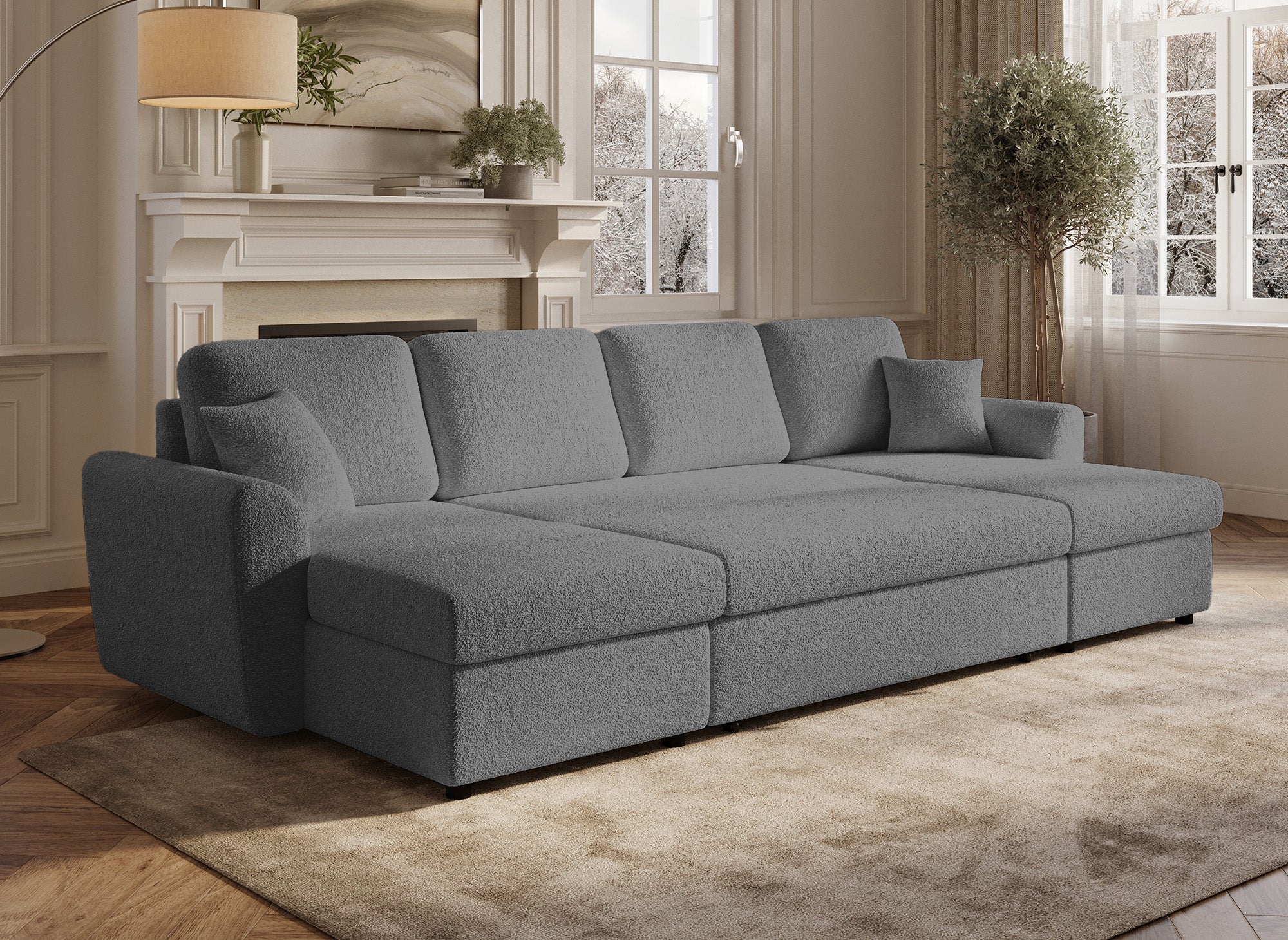 Canapé panoramique convertible 2 coffres de rangement en tissu bouclette gris ADRYEN