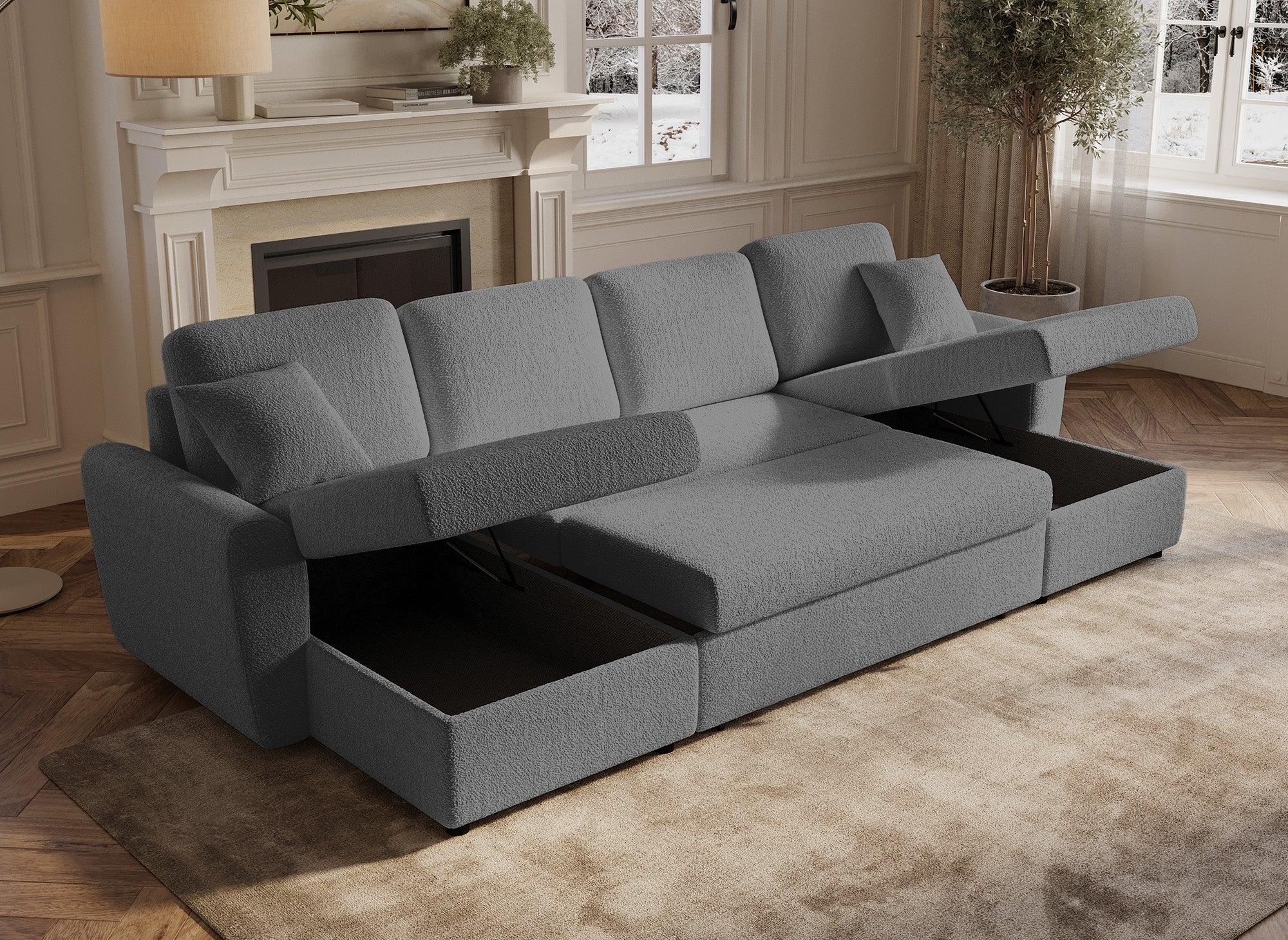 Canapé panoramique convertible 2 coffres de rangement en tissu bouclette gris ADRYEN