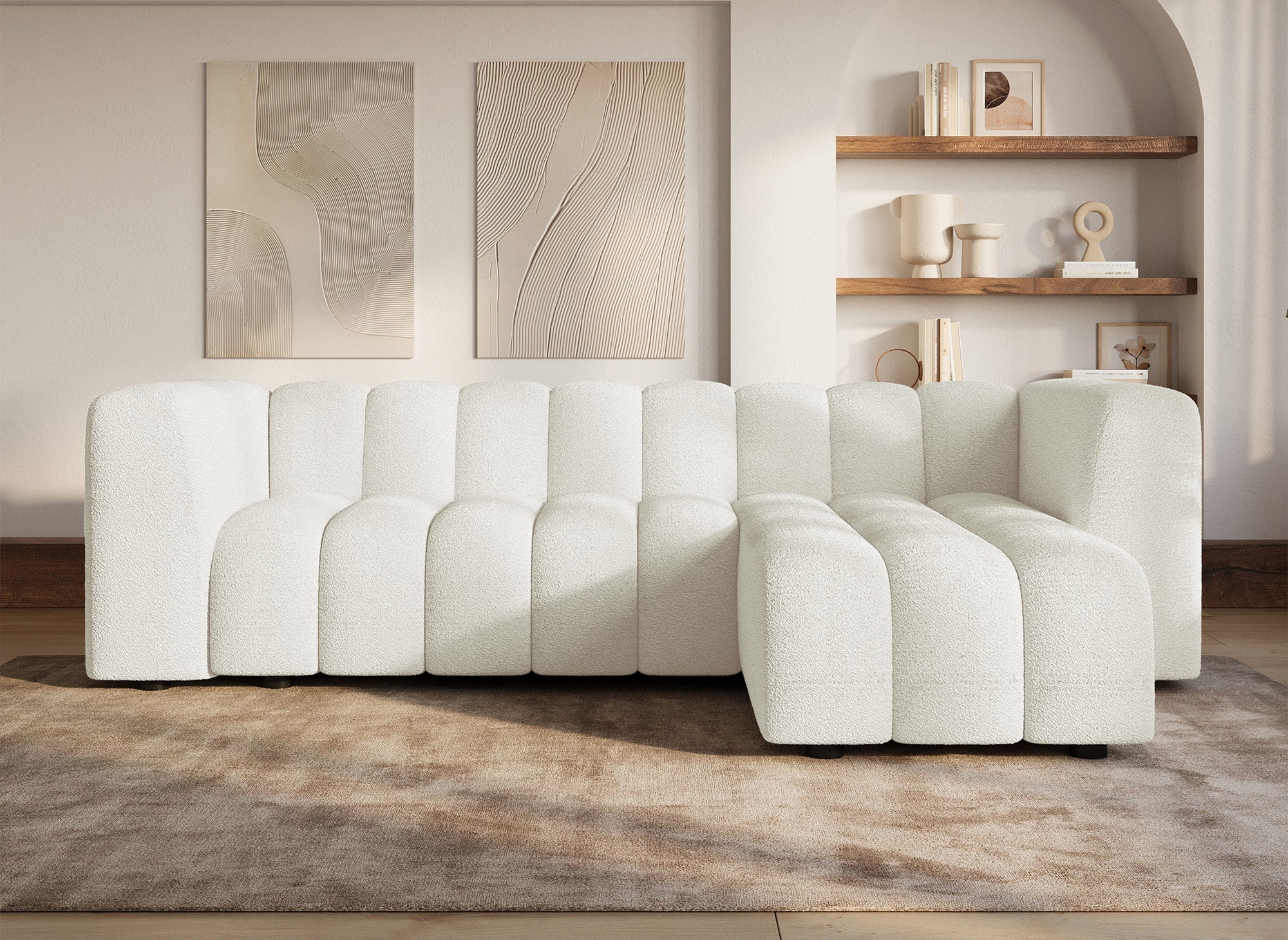 Canapé d'angle réversible en tissu bouclette écru AELIS