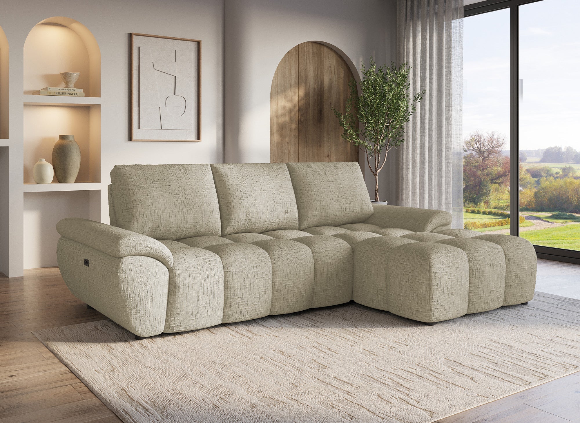 Canapé d’angle relax électrique en velours chiné taupe ALPES - Angle droit