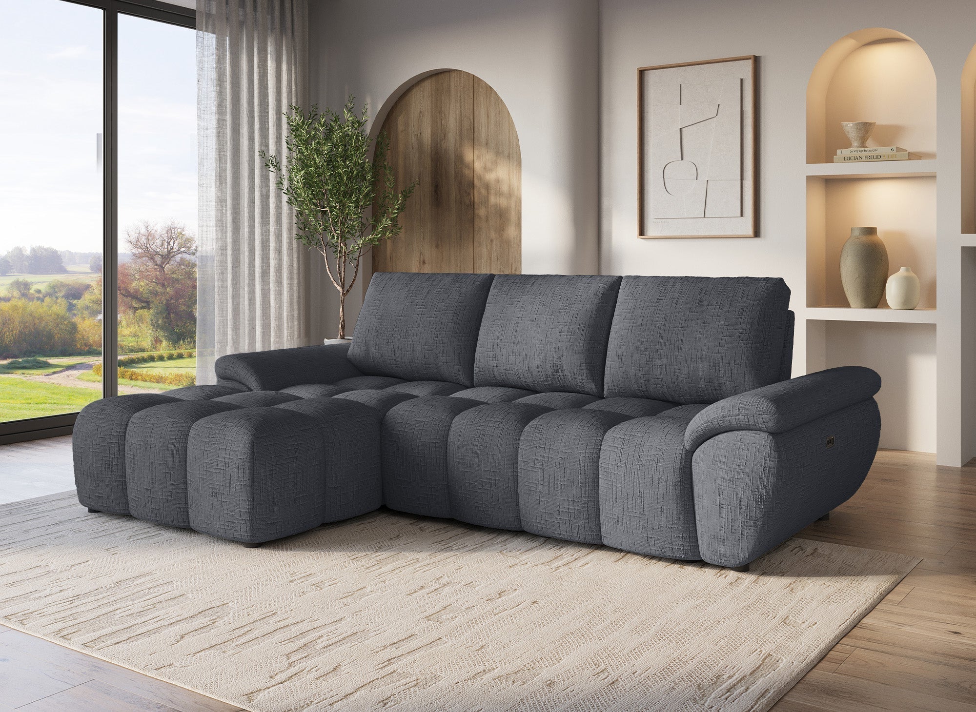 Canapé d’angle relax électrique en velours chiné gris ALPES - Angle gauche