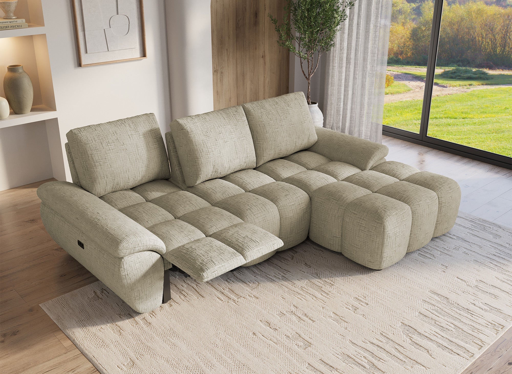 Canapé d’angle relax électrique en velours chiné taupe ALPES - Angle droit