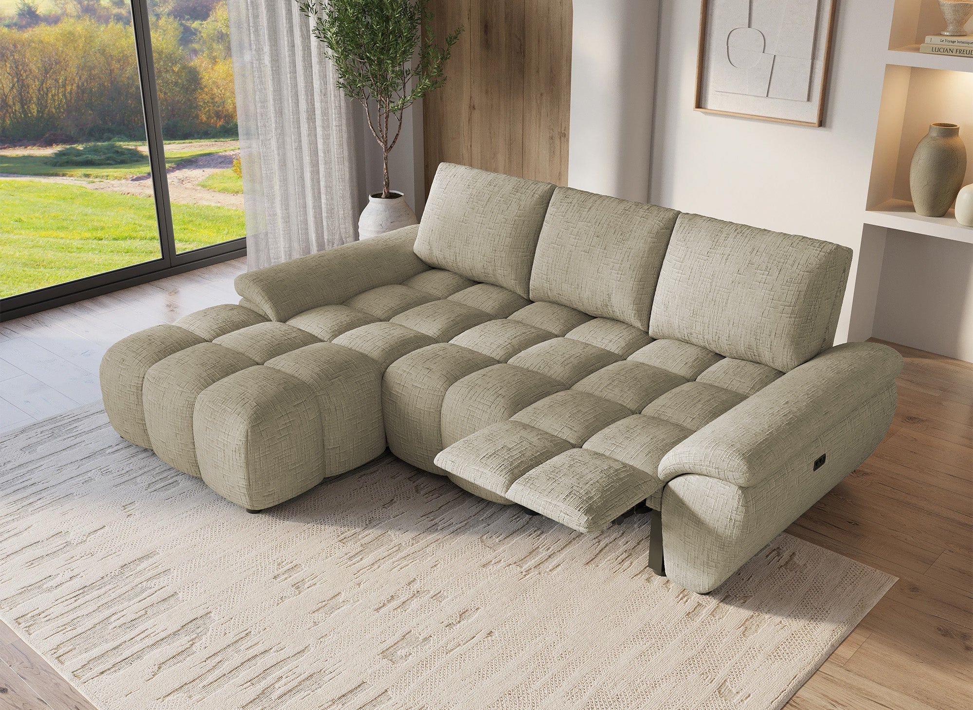 Canapé d’angle relax électrique en velours chiné taupe ALPES - Angle gauche