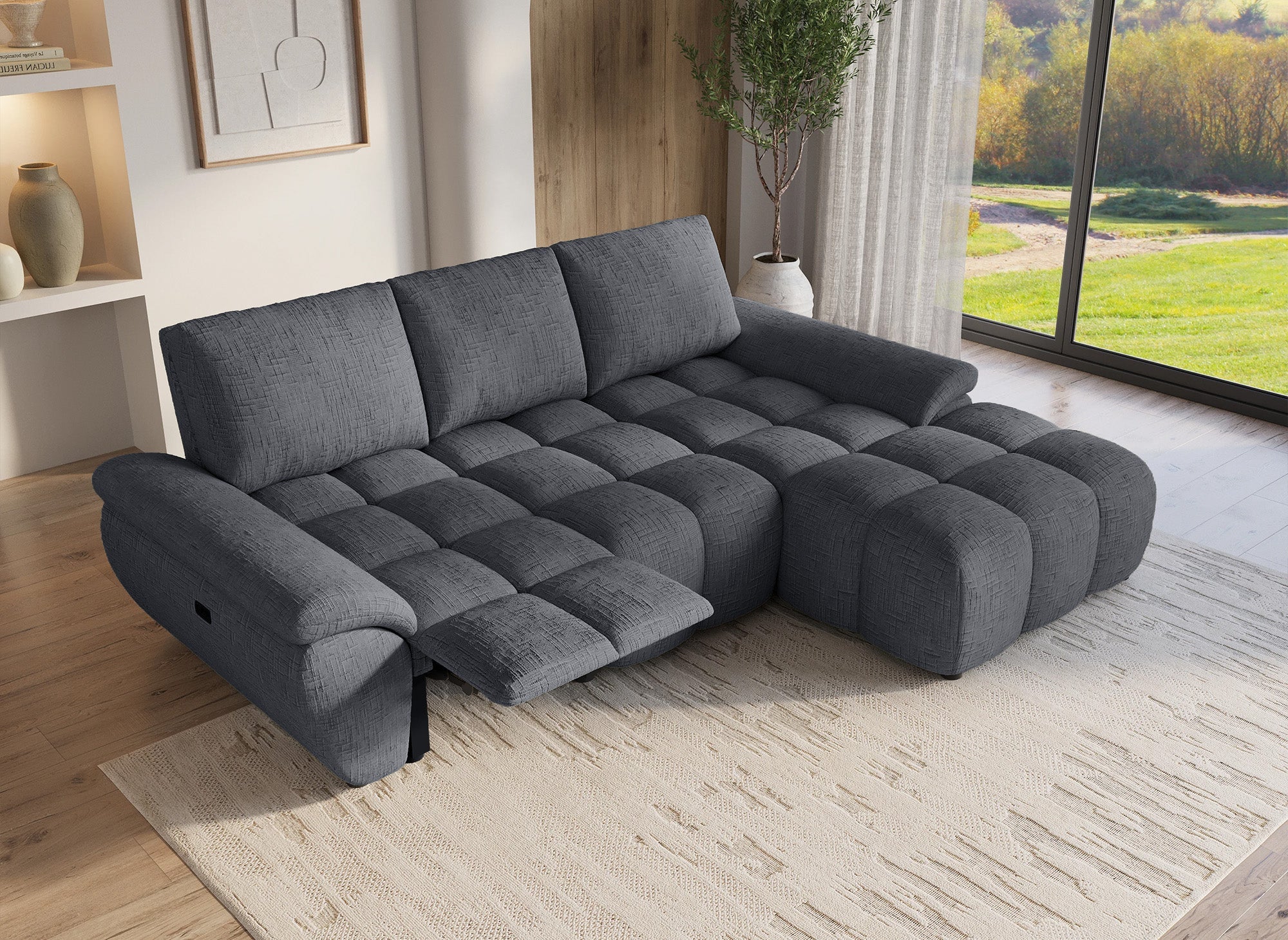 Canapé d’angle relax électrique en velours chiné gris ALPES - Angle droit