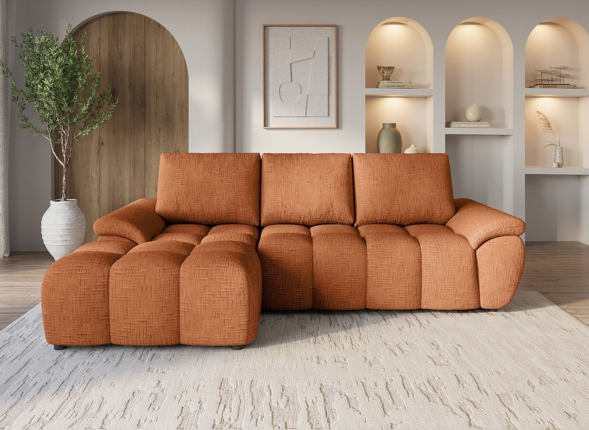 Canapé d’angle relax électrique en velours chiné terracotta ALPES - Angle gauche