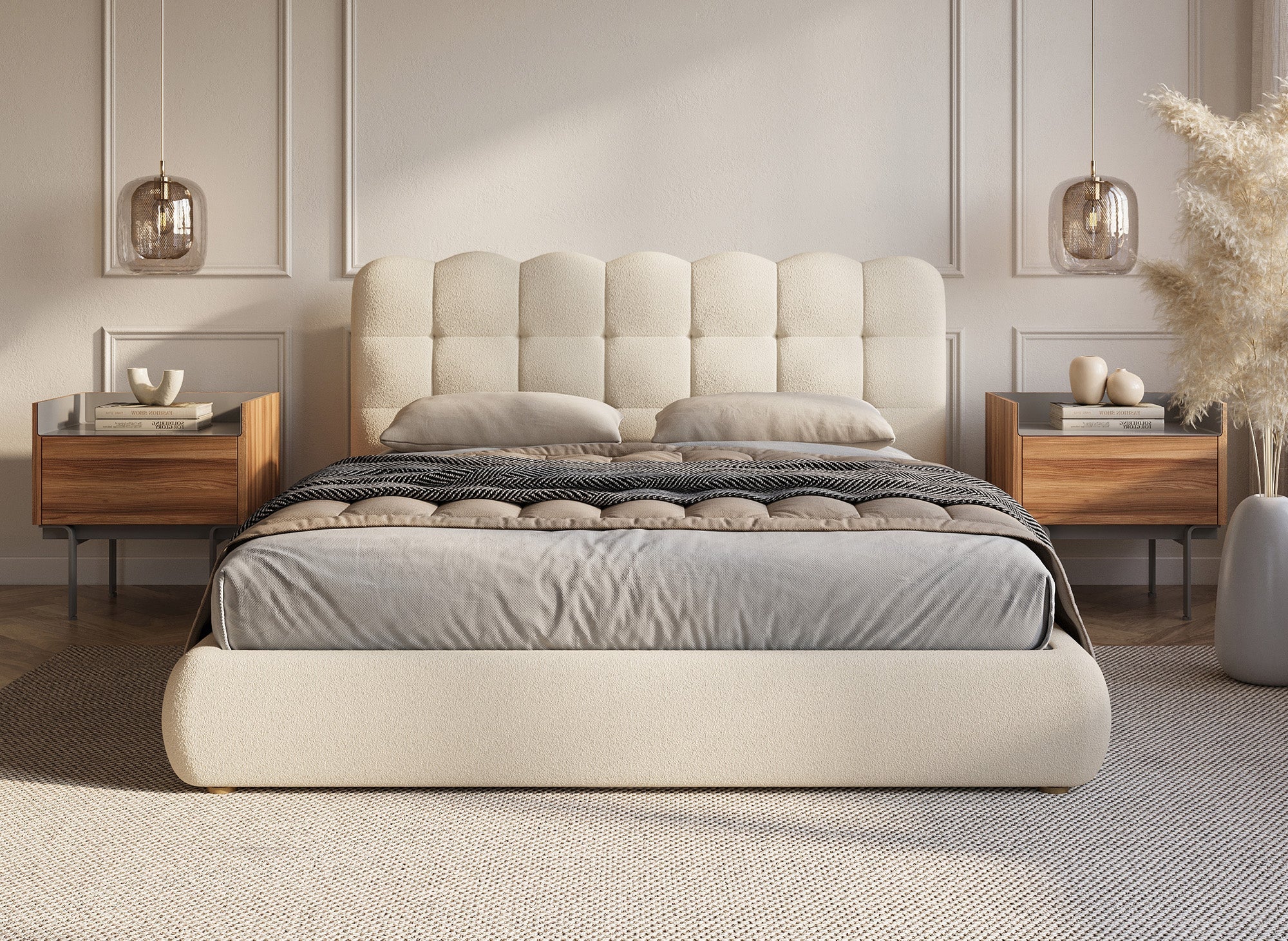 Lit coffre en tissu bouclette beige 160x200 cm BISCUIT