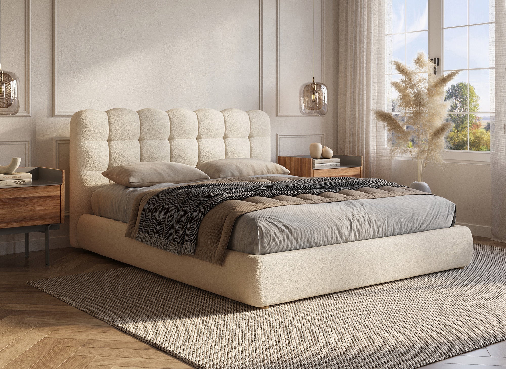 Lit coffre en tissu bouclette beige 160x200 cm BISCUIT