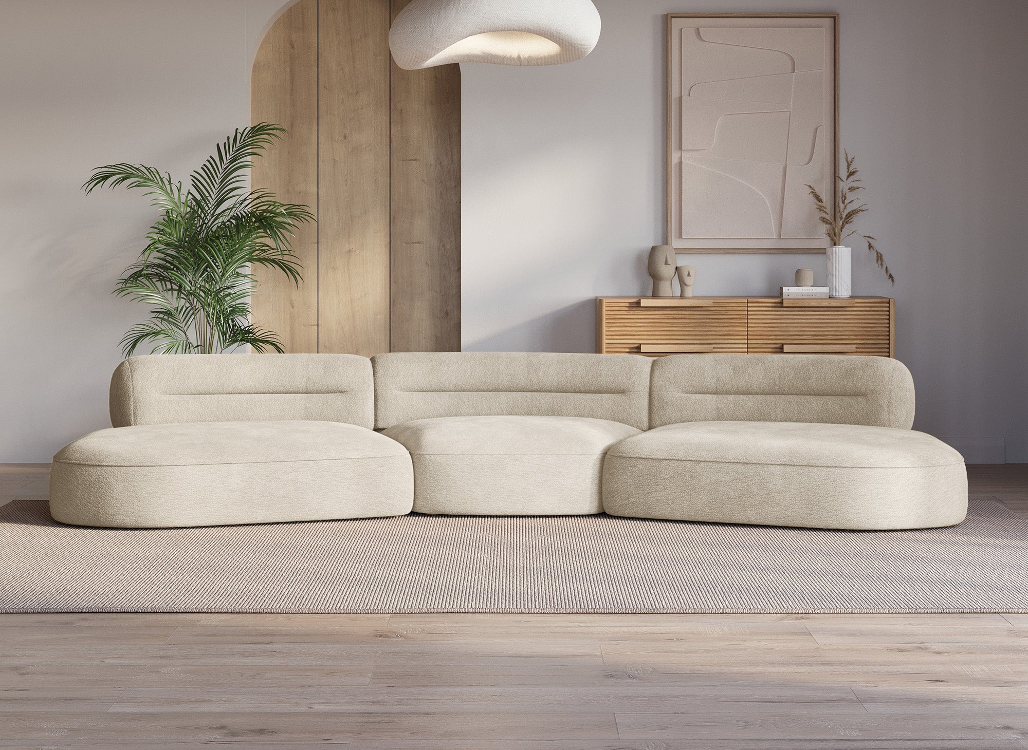 Canapé droit 5 places en velours tissé beige IMENIA