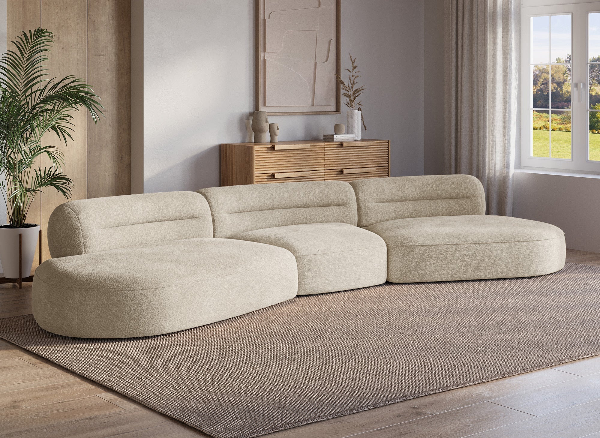 Canapé droit 5 places en velours tissé beige IMENIA