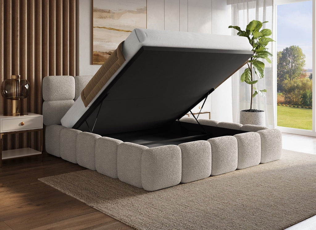 Lit coffre tissu bouclette taupe 180x200 cm BUBBLE