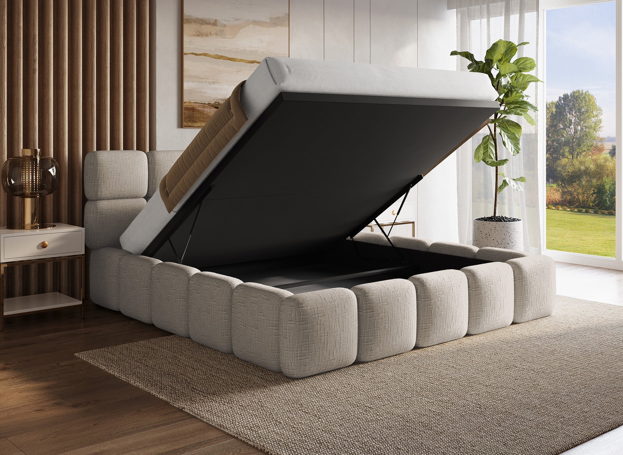 Lit coffre en velours chiné taupe 180x200 cm BUBBLE