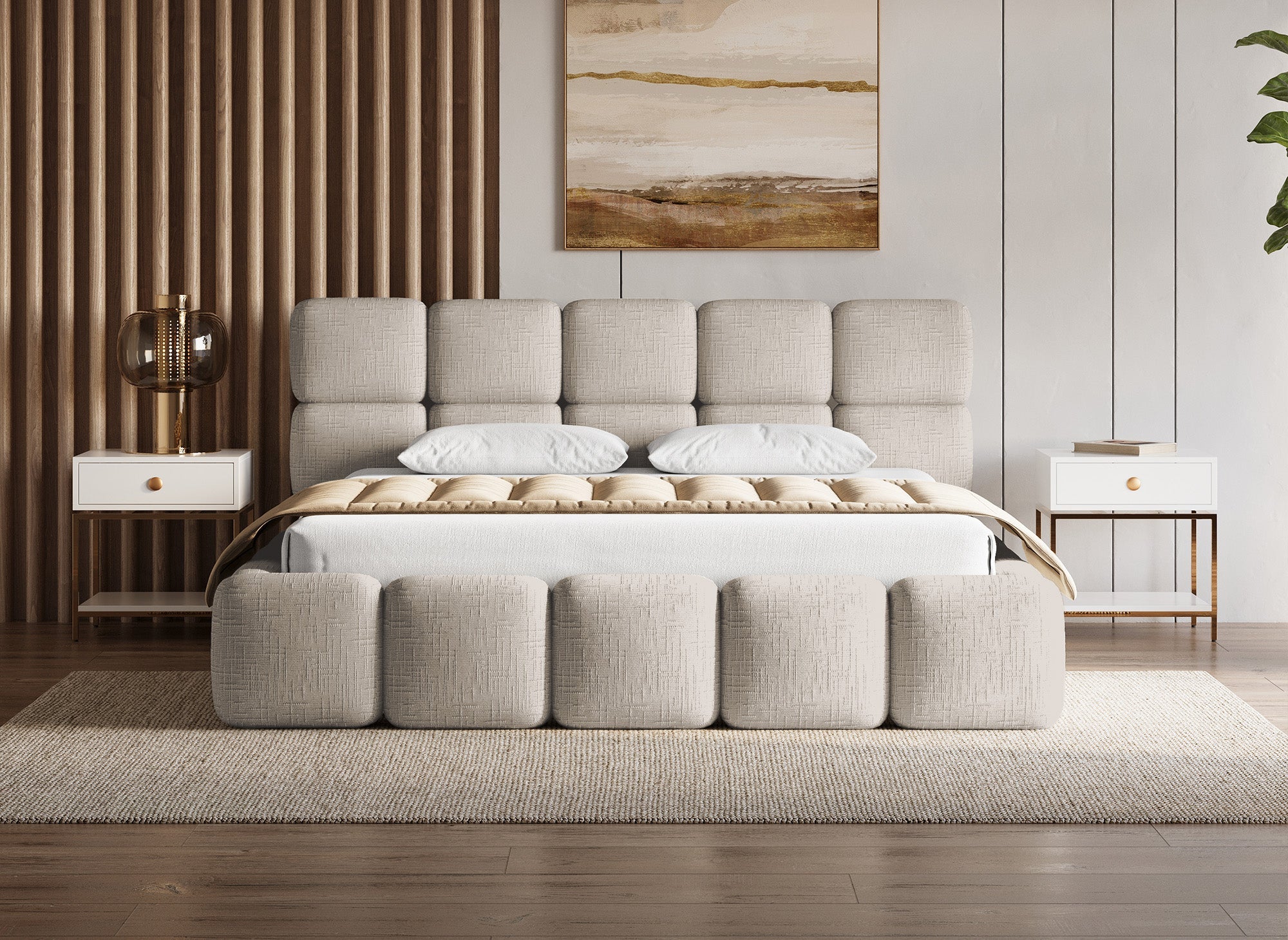 Lit coffre en velours chiné taupe 180x200 cm BUBBLE