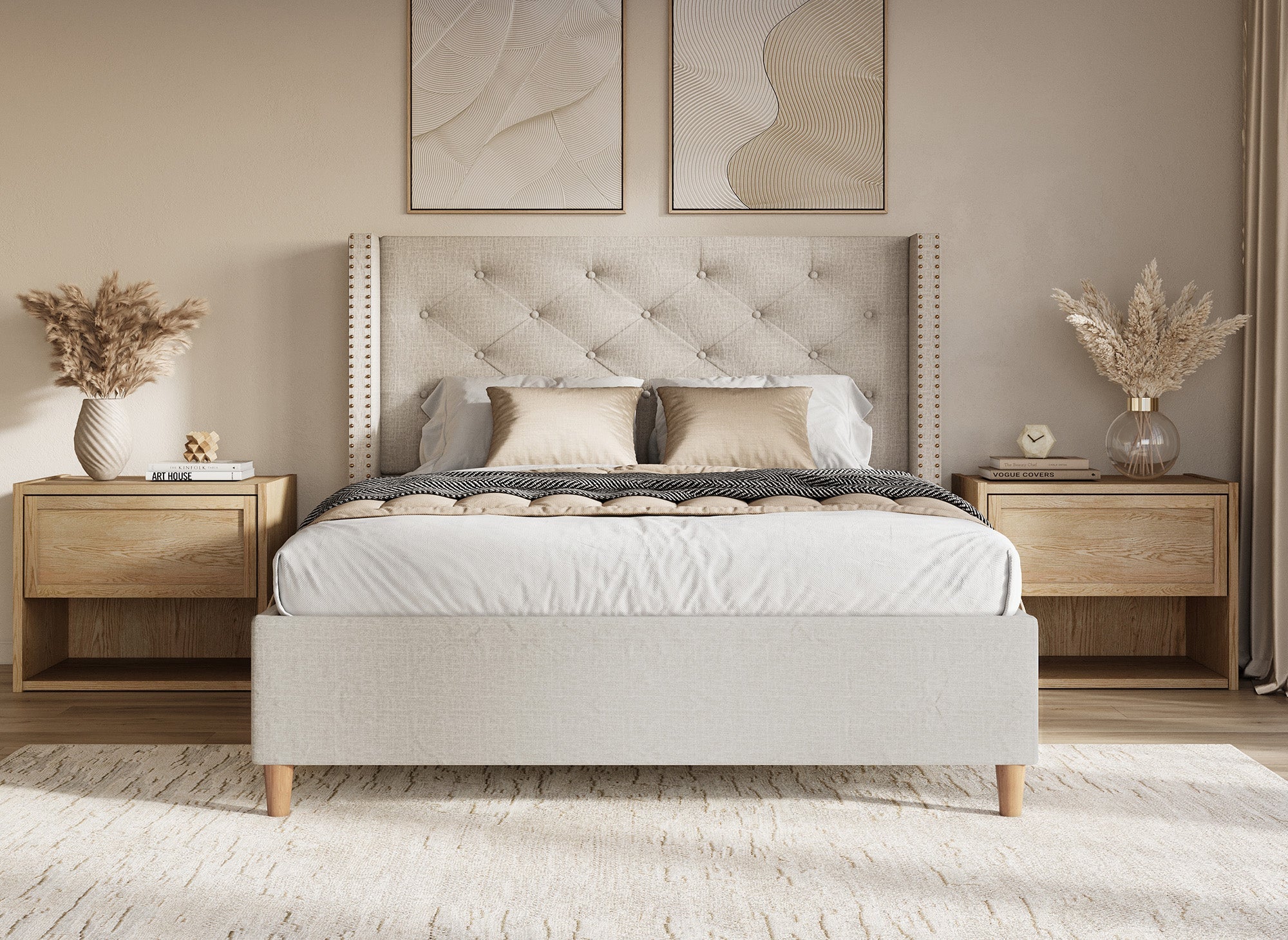 Lit double en tissu capitonné beige 140x190 cm MARGOT