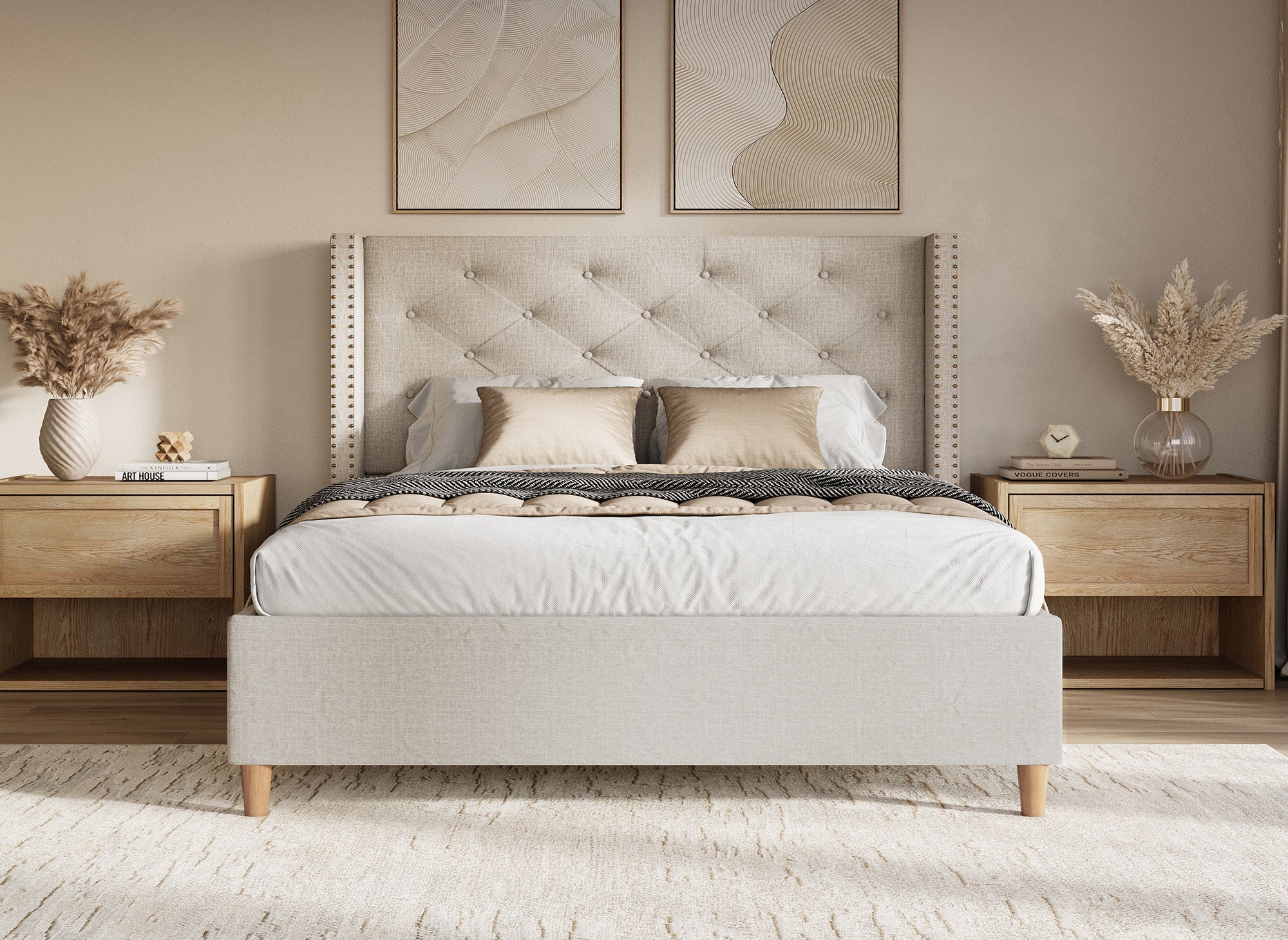 Lit double en tissu capitonné beige 180x200 cm MARGOT