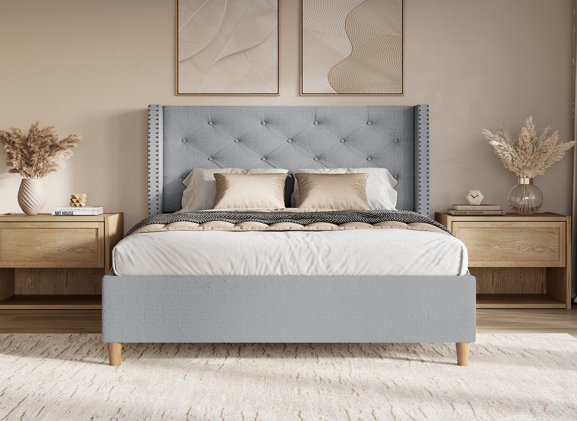 Lit double en tissu capitonné gris 180x200 cm MARGOT