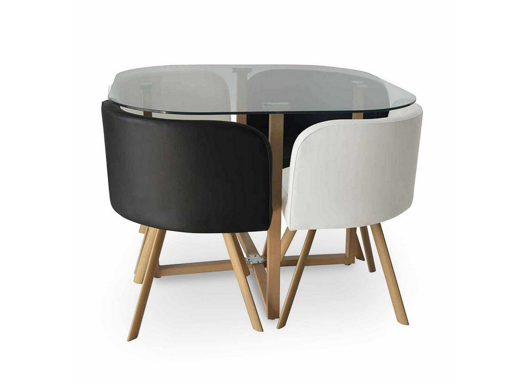Ensemble table à manger en verre + 4 chaises noires et blanches FLEN