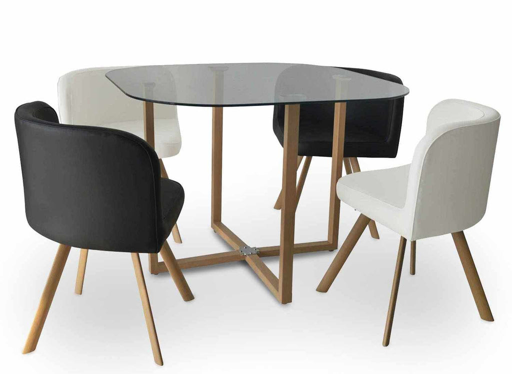 Ensemble table à manger en verre + 4 chaises noires et blanches FLEN