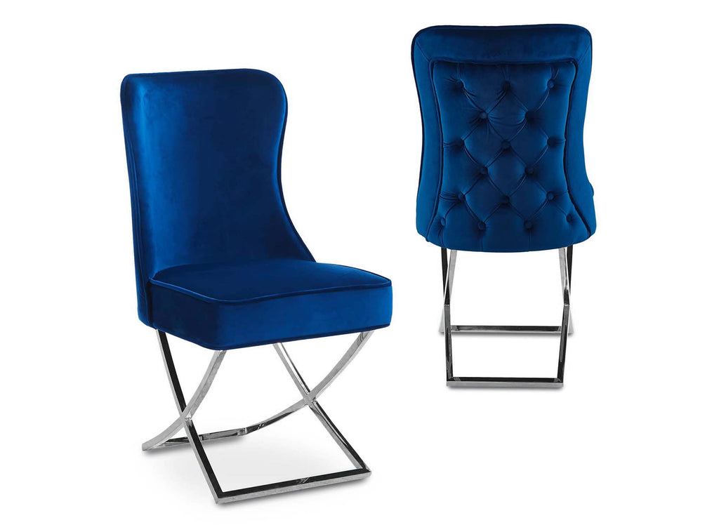 Lot de 2 chaises en velours bleu pieds en métal argenté ETHAN