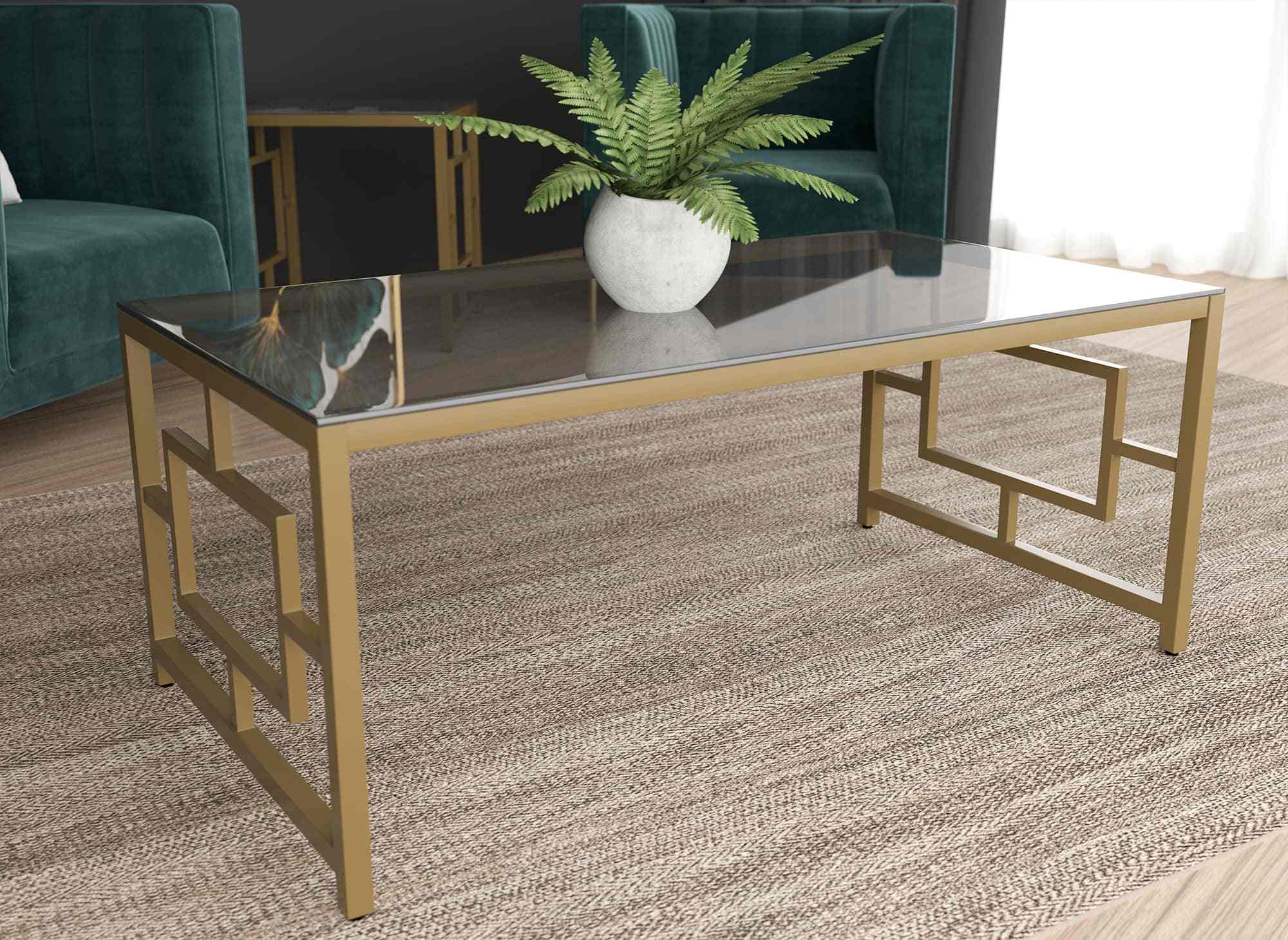 Table basse design en verre noir et métal doré rectangulaire PABLO