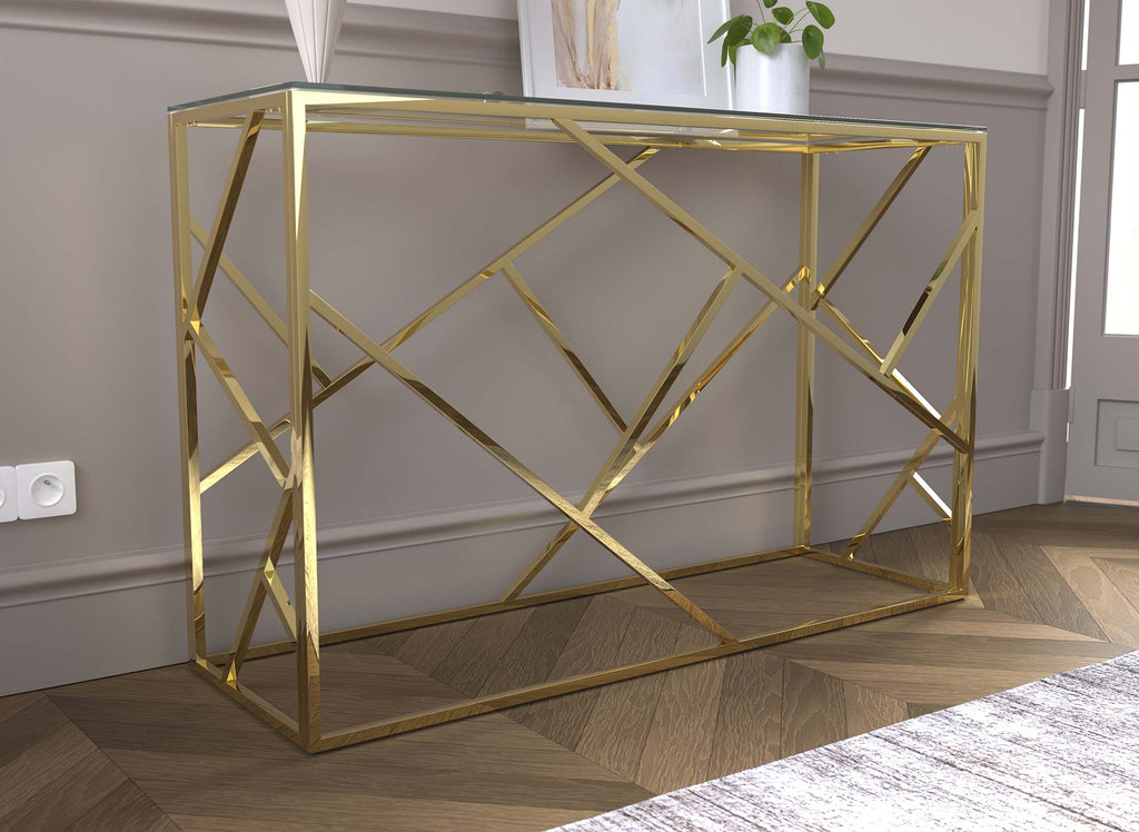 Console design en verre transparent et métal doré DELTA