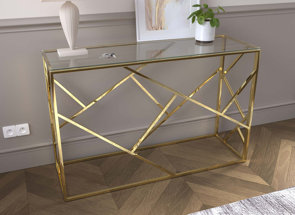 Console design en verre transparent et métal doré DELTA