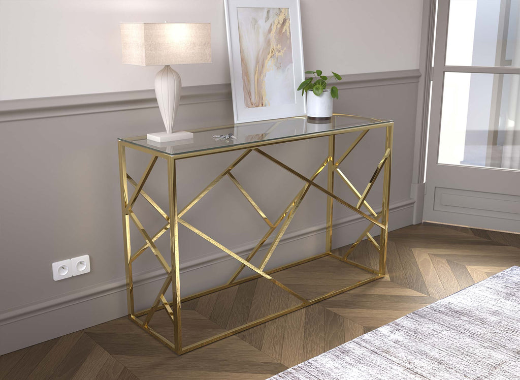 Console design en verre transparent et métal doré DELTA