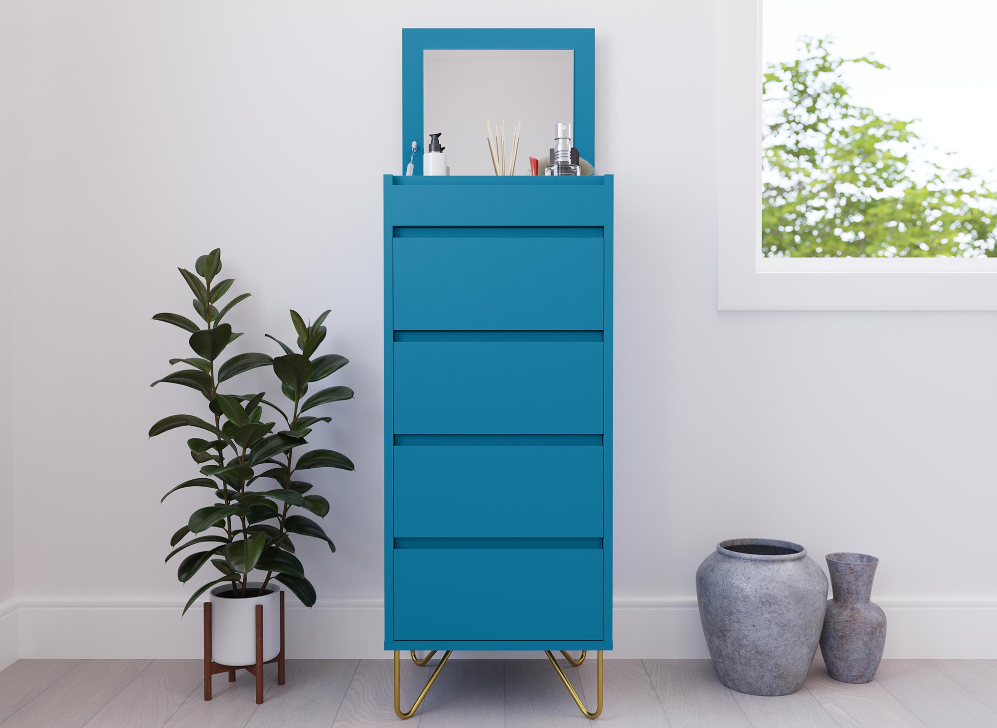 Commode 4 tiroirs bleu canard avec coiffeuse intégrée DARINA