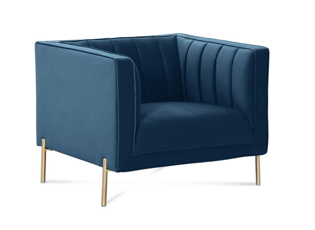 Fauteuil moderne en velours bleu pieds doré ROBY