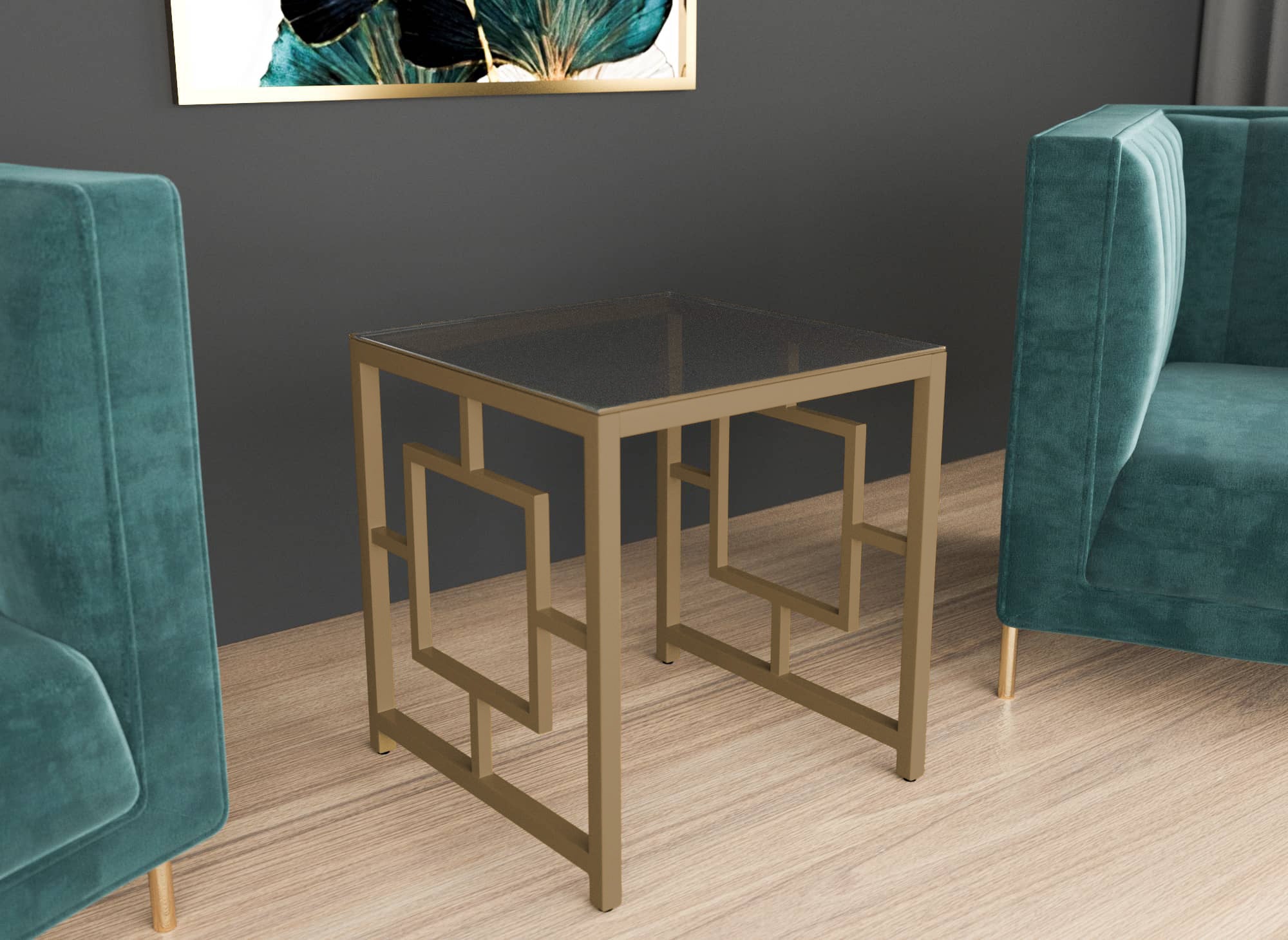 Table basse design en verre noir et métal doré carrée PABLO