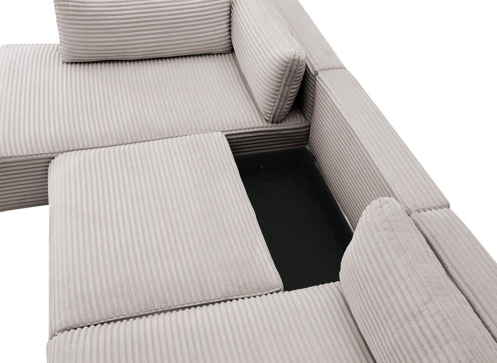 Canapé panoramique convertible avec coffre en velours gros côtelé taupe TILDA - Angle gauche