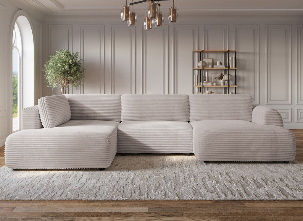 Canapé panoramique convertible avec coffre en velours gros côtelé taupe TILDA - Angle gauche