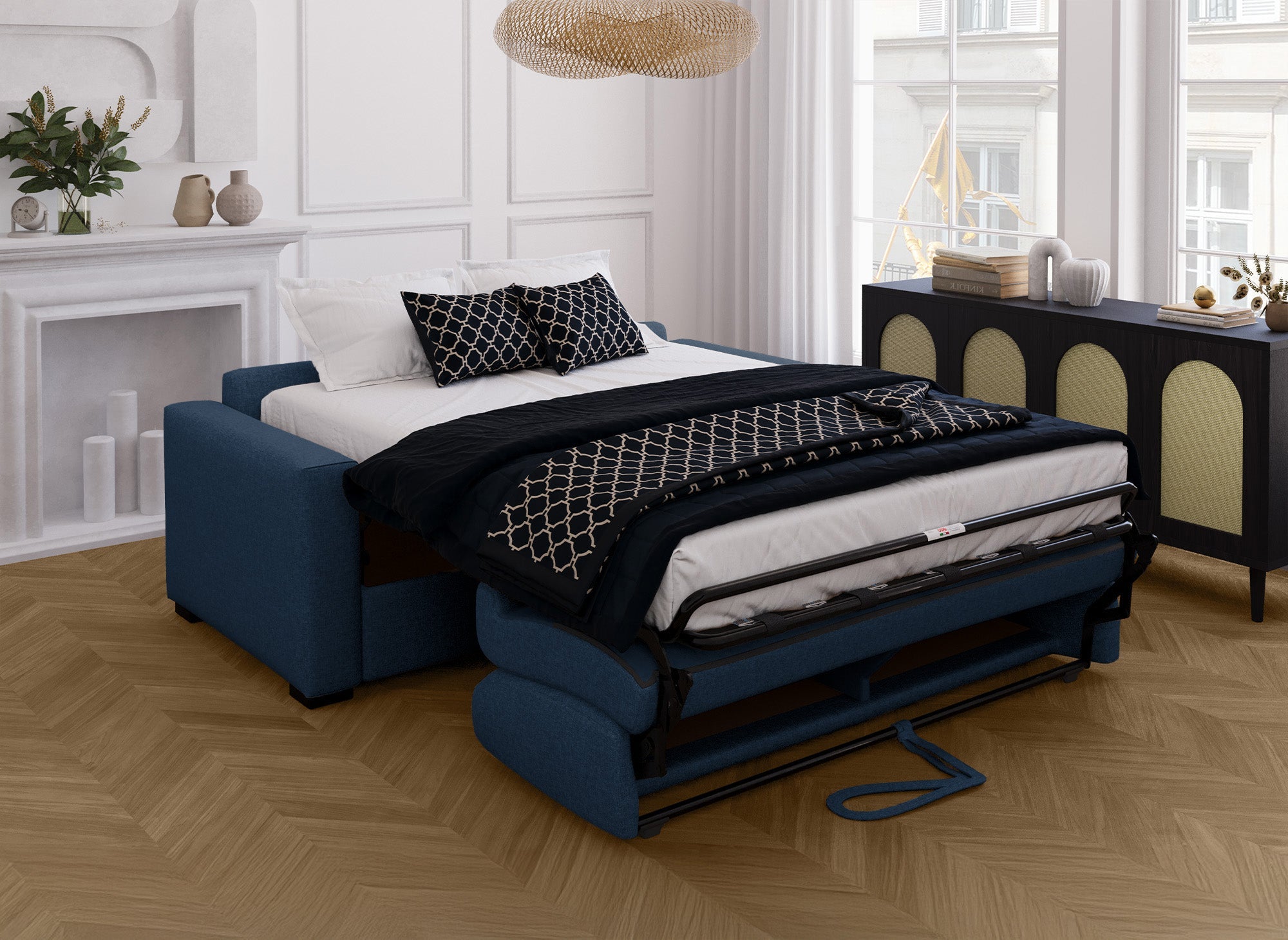 Canapé convertible 3 places LOUNA en tissu bleu denim ouverture express