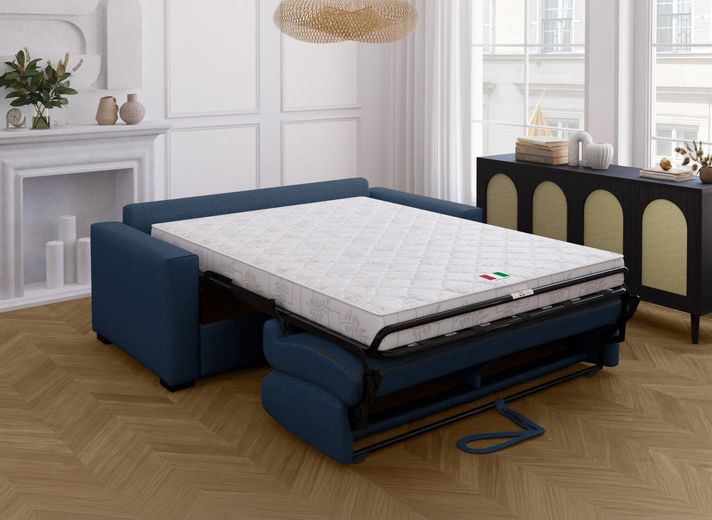 Canapé convertible 3 places LOUNA en tissu bleu denim ouverture express