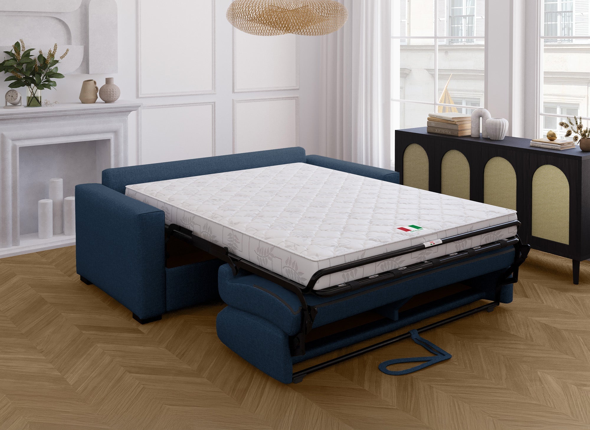 Canapé convertible 3 places LOUNA en tissu bleu denim ouverture express