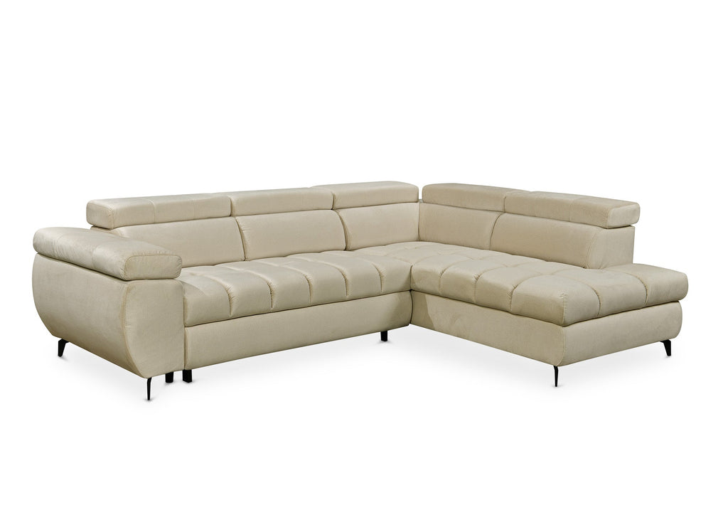 Canapé d'angle convertible matelassé avec coffre en velours beige LUCIANO - Angle droit