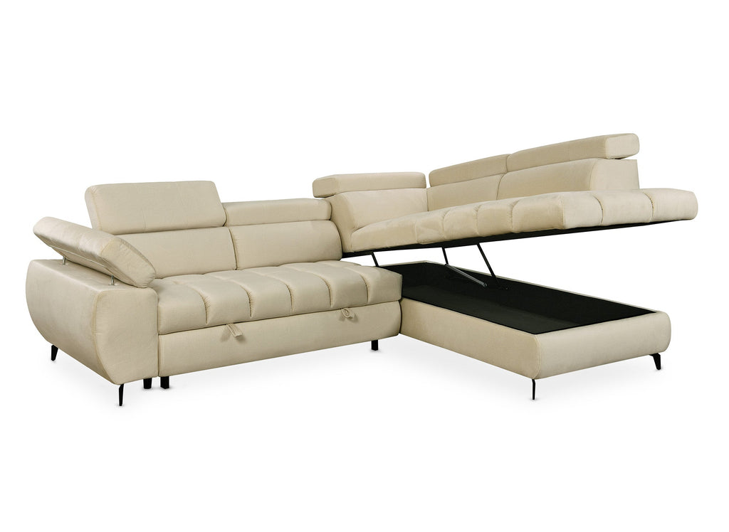 Canapé d'angle convertible matelassé avec coffre en velours beige LUCIANO - Angle droit