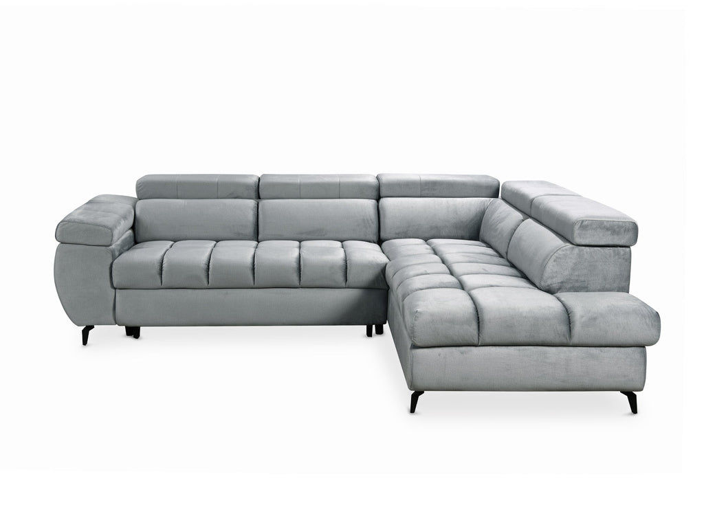 Canapé d'angle convertible matelassé avec coffre en velours gris LUCIANO - Angle droit