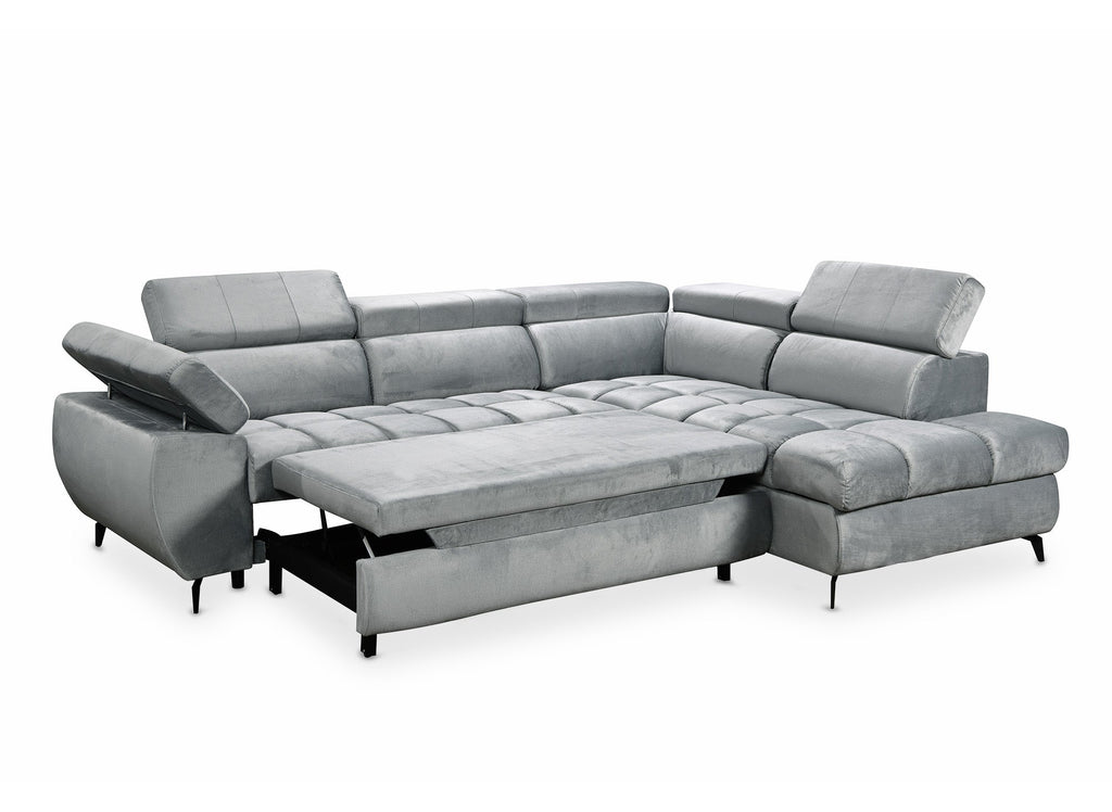 Canapé d'angle convertible matelassé avec coffre en velours gris LUCIANO - Angle droit