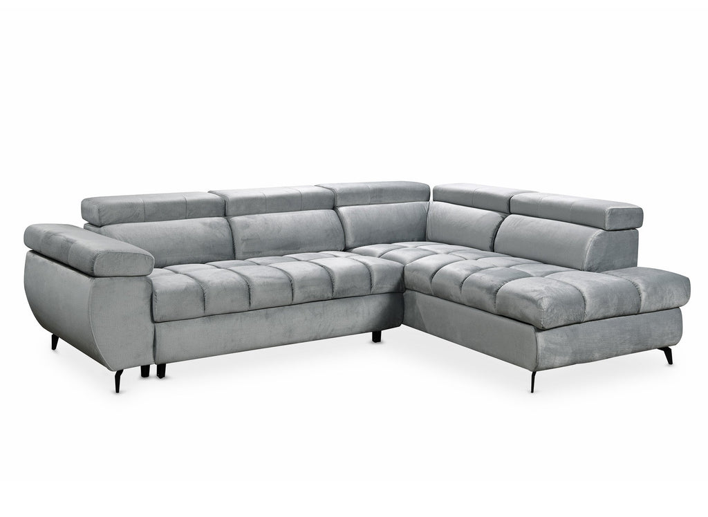 Canapé d'angle convertible matelassé avec coffre en velours gris LUCIANO - Angle droit