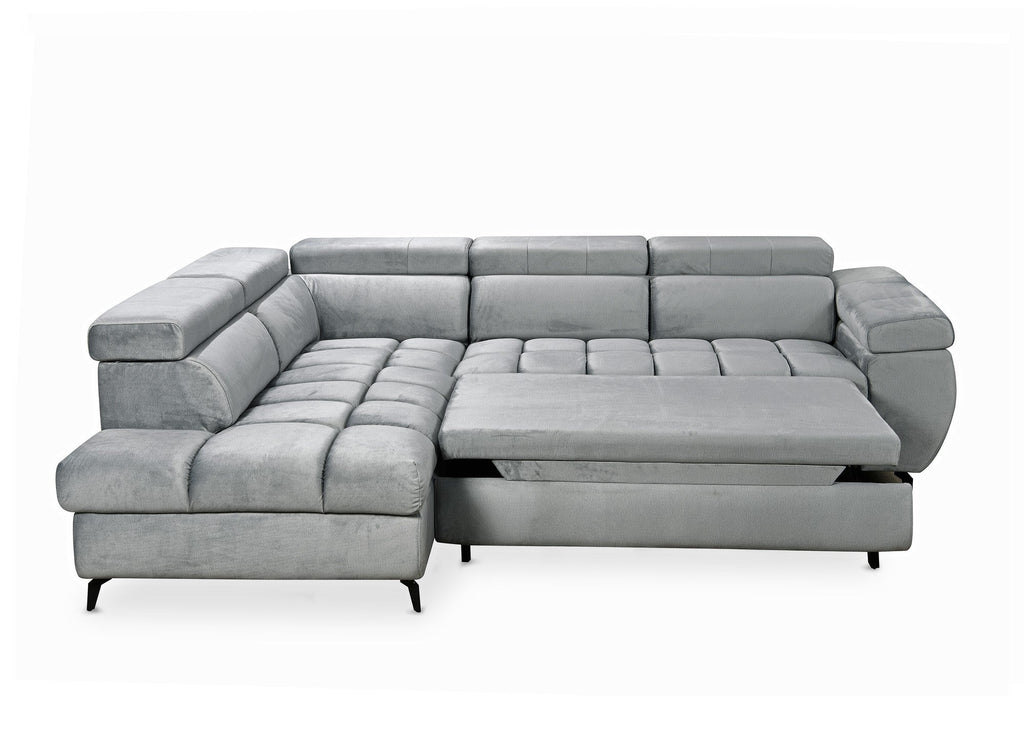 Canapé d'angle convertible matelassé avec coffre en velours gris LUCIANO - Angle gauche