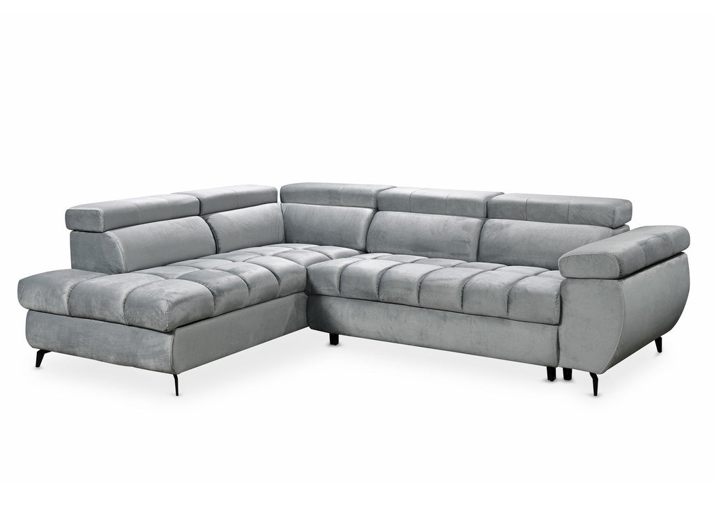 Canapé d'angle convertible matelassé avec coffre en velours gris LUCIANO - Angle gauche