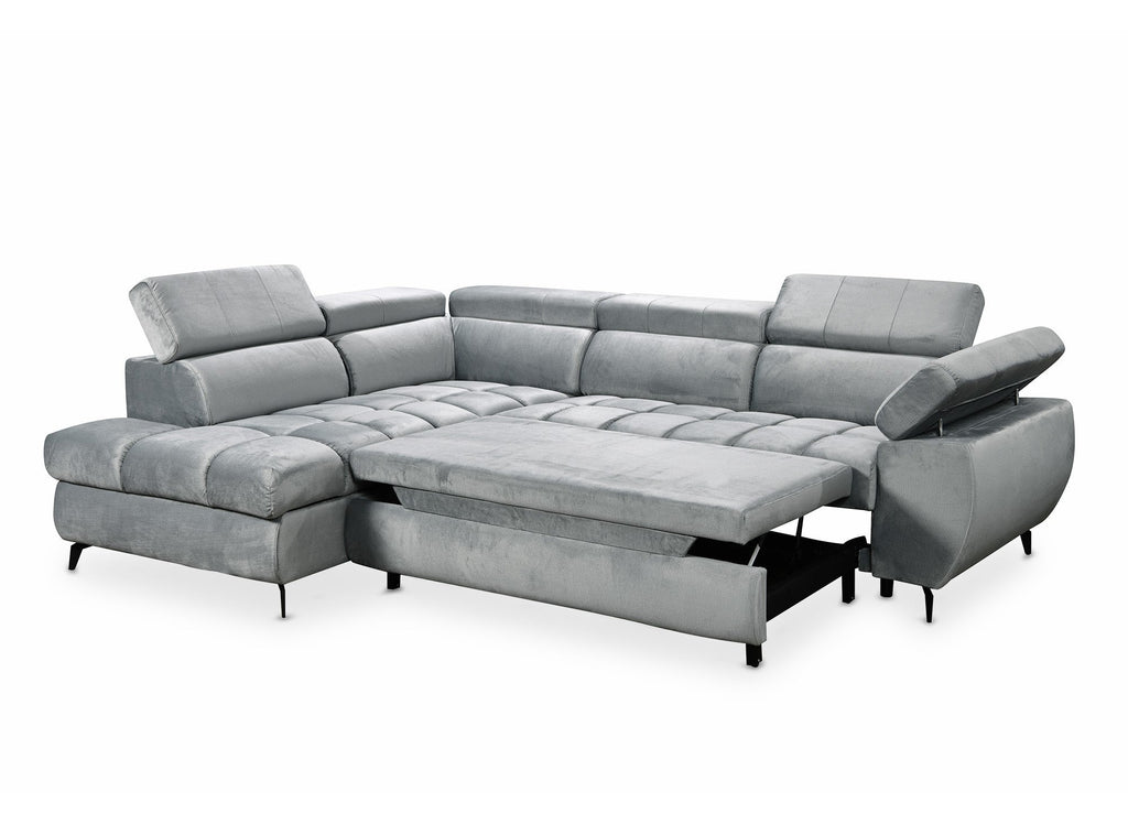 Canapé d'angle convertible matelassé avec coffre en velours gris LUCIANO - Angle gauche