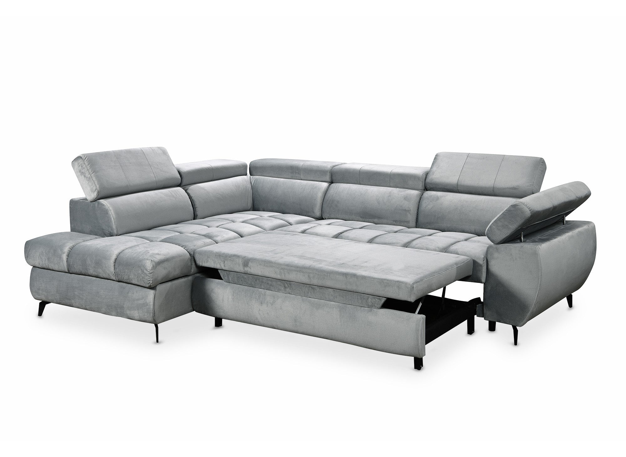 Canapé d'angle convertible matelassé avec coffre en velours gris LUCIANO - Angle gauche