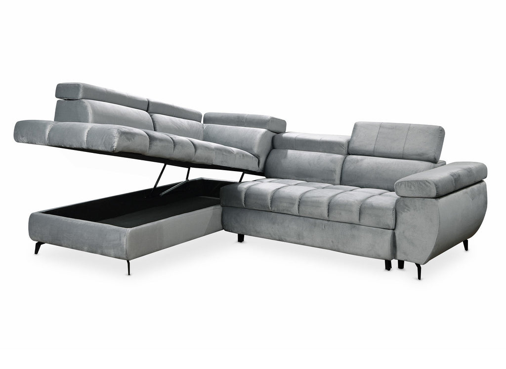 Canapé d'angle convertible matelassé avec coffre en velours gris LUCIANO - Angle gauche